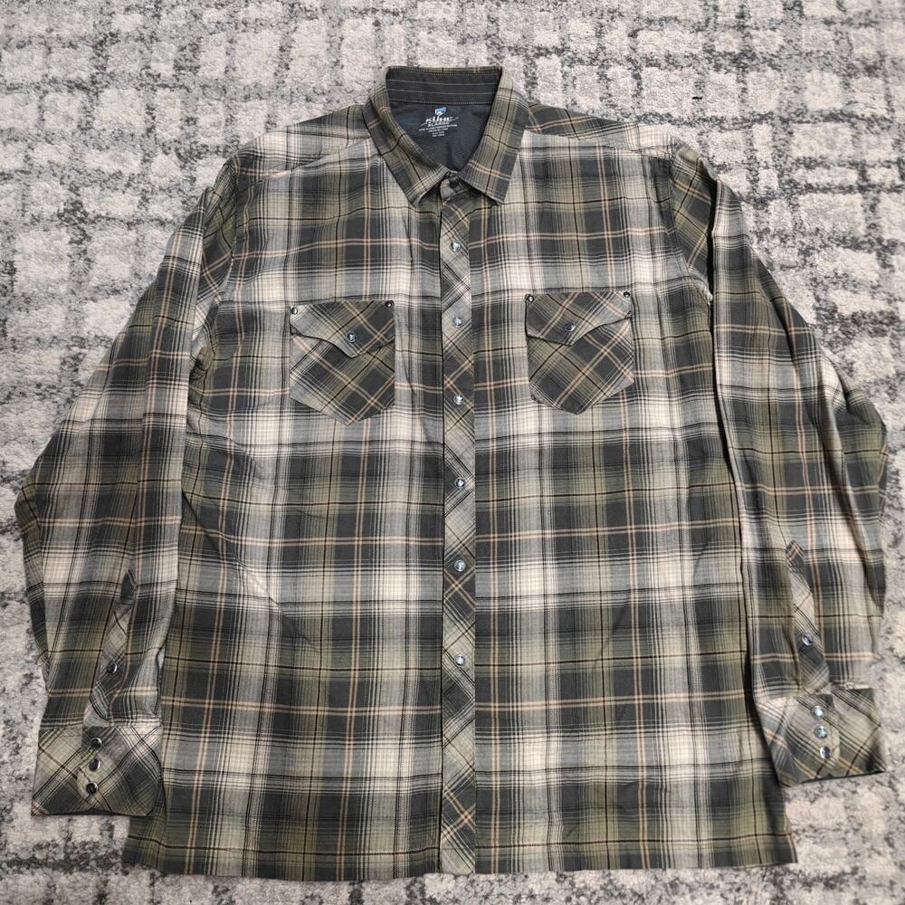 KUHL Men's Fugitive Flannel Long Sleeve Pearl Snap Plaid Shirt Green Size XL